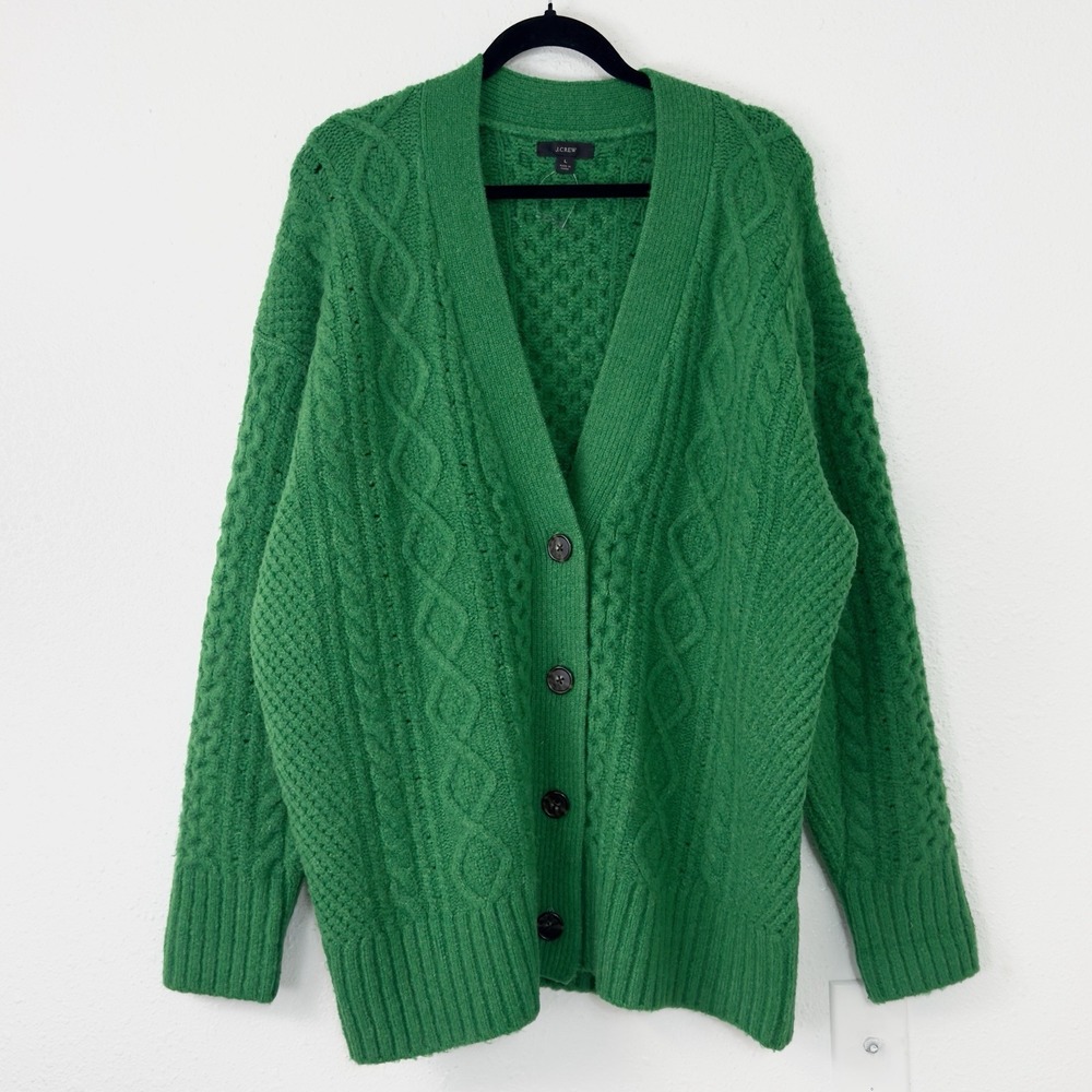 J. Crew Oversized Cable Knit Alpaca Merino Blend Cardigan Cottage Green L
